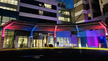 TidalHealth Peninsula Regional lit in blue and pink for the 2024 STAR Program Memory Walk