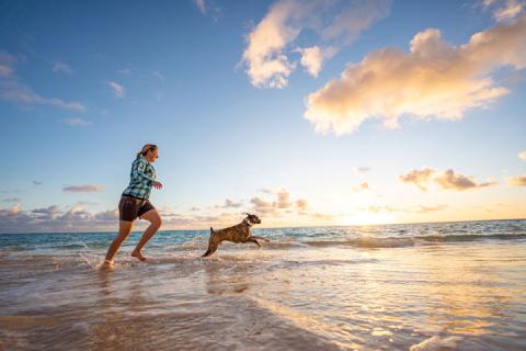 Active woman enjoying a healthy lifestyle, enjoying chasing her dog on a sunny beach, embodying vitality and weight loss success.
