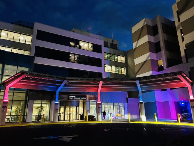 TidalHealth Peninsula Regional lit in blue and pink for the 2024 STAR Program Memory Walk