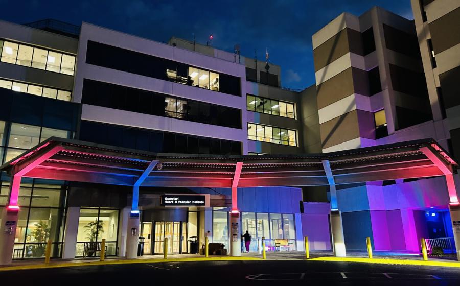 TidalHealth Peninsula Regional lit in blue and pink for the 2024 STAR Program Memory Walk