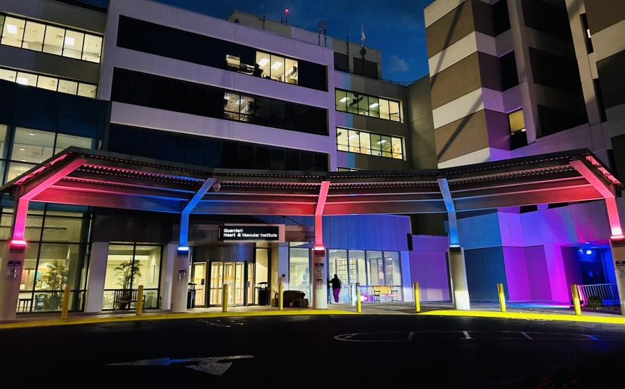TidalHealth Peninsula Regional lit in blue and pink for the 2024 STAR Program Memory Walk